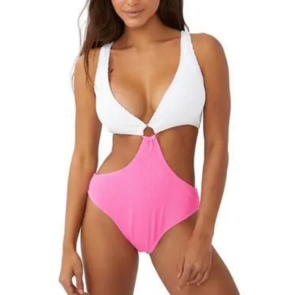 Pink and White One Piece Swimsuit with Cut-Out Design NWT Size S